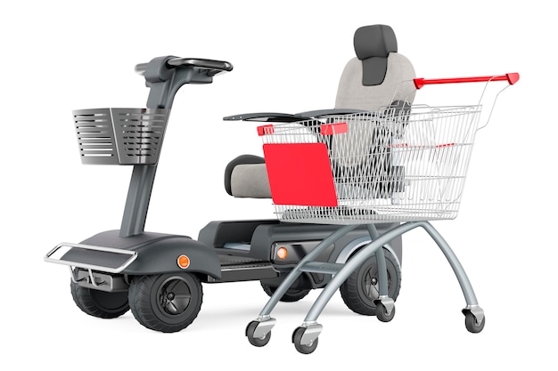 Scooter de movilidad motorizado con carrito de compras renderización 3D aislado en fondo blanco