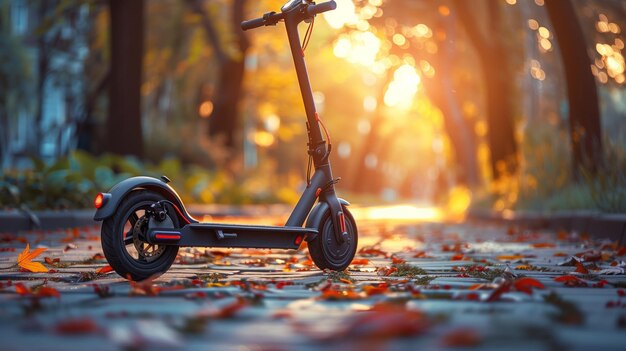 Foto un scooter con neumático estacionado en la acera en un área boscosa