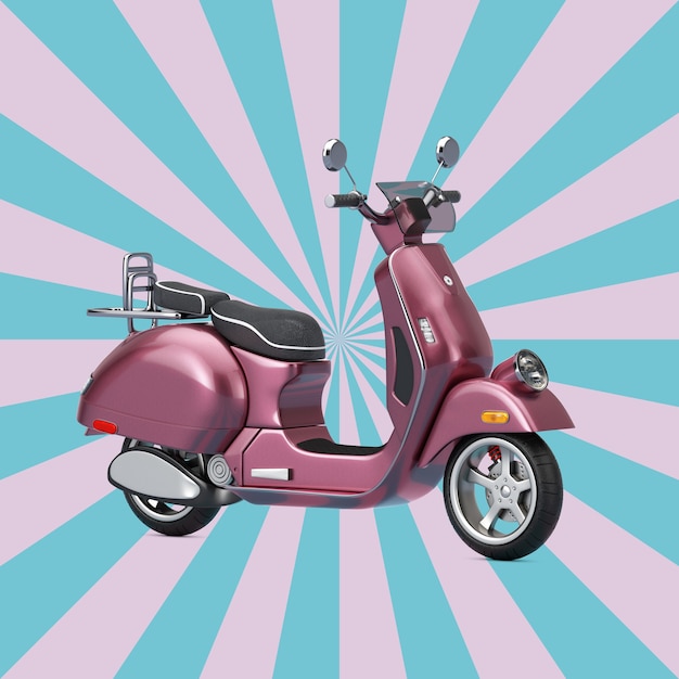 Foto scooter retro ou elétrico vintage clássico rosa em um fundo rosa e azul da forma de estrela do vintage. renderização 3d