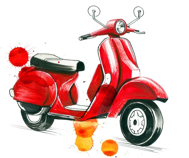 Una scooter roja con asiento negro y adornos blancos.