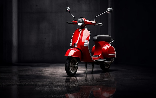 Scooter rojo Arafed estacionado en una habitación oscura con un ai generativo de fondo negro