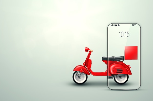 Scooter rojo sale del teléfono inteligente sobre un fondo claro. Concepto de entrega, pedidos en línea, entrega de alimentos, última milla. Ilustración 3D, render 3D.