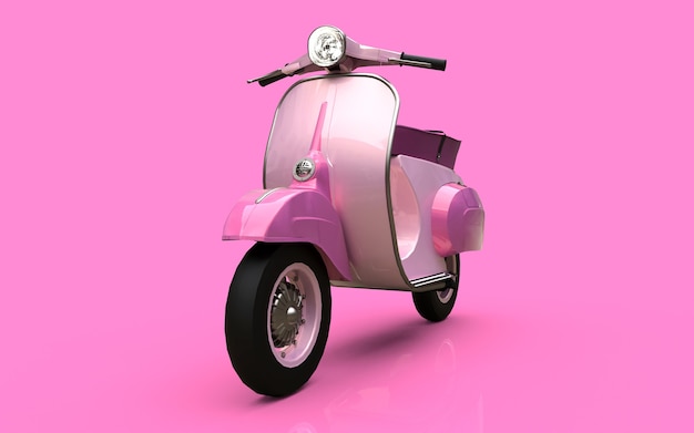 Scooter rosa europeia vintage em um fundo rosa. Renderização 3D.