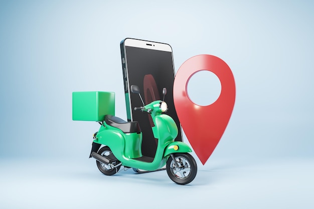 Scooter de teléfono inteligente abstracto y marca de ubicación en fondo claro Servicio de entrega y concepto de transporte Renderización 3D