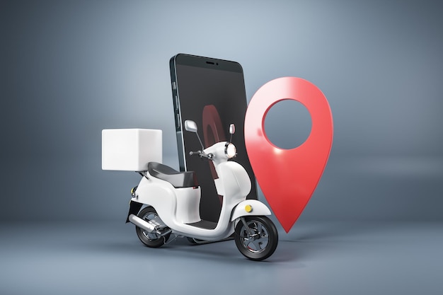 Scooter de teléfono inteligente abstracto y marca de ubicación en fondo gris Servicio de entrega y concepto de transporte Renderización 3D