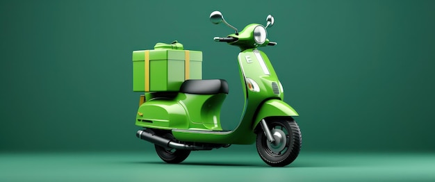 Scooter verde con cajas en su paquete trasero Entrega rápida de paquetes