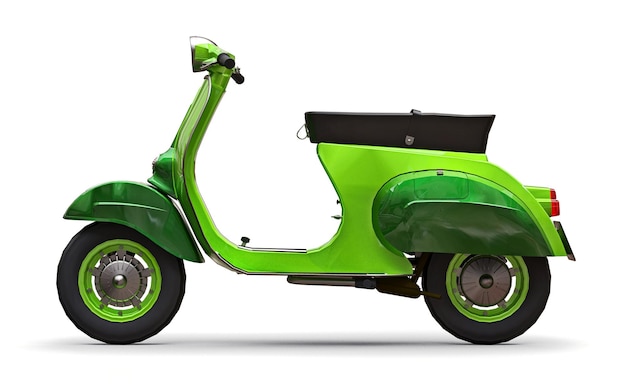 Scooter verde europeu vintage em um fundo branco. renderização 3d.