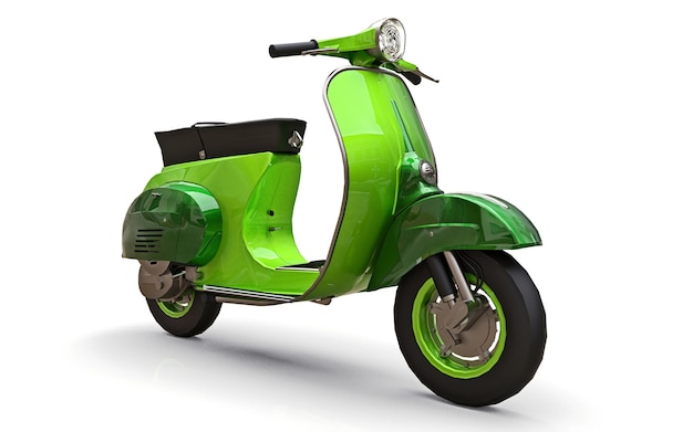 Scooter verde europeu vintage em um fundo branco. Renderização 3D.