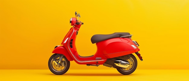 Scooter vermelho vibrante estacionado em um fundo amarelo ousado que exala charme retro