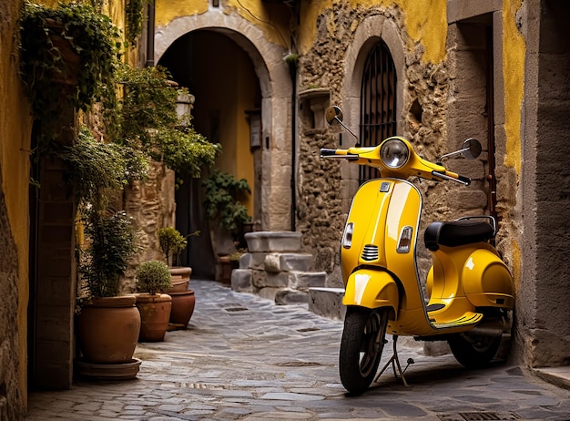 Foto scooter vespa amarillo en la calle italiana