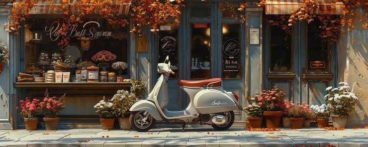 Un scooter Vespa antiguo estacionado en el frente