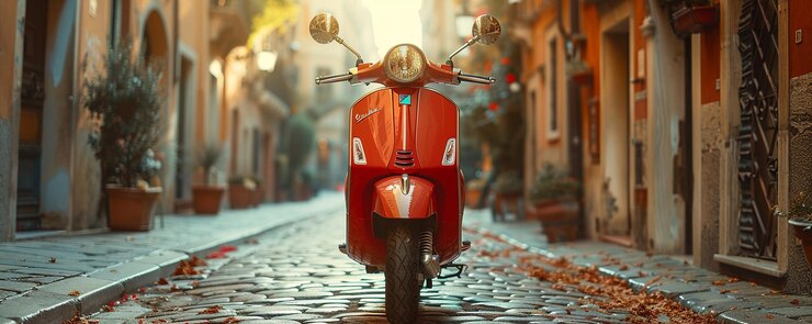 Un scooter Vespa clásico tejiendo a través de un fondo estrecho