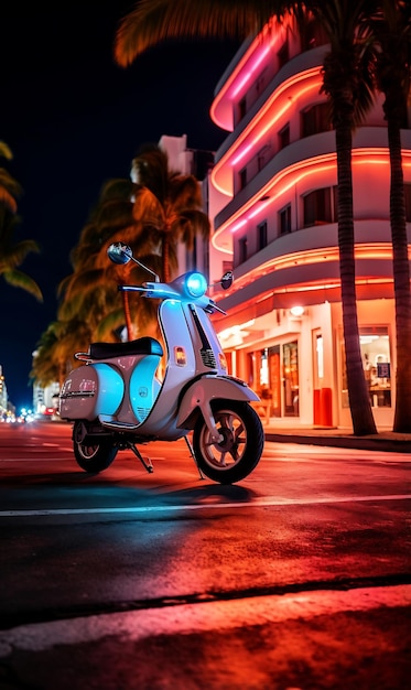 Scooter Vespa estacionada em Miami Beach à noite