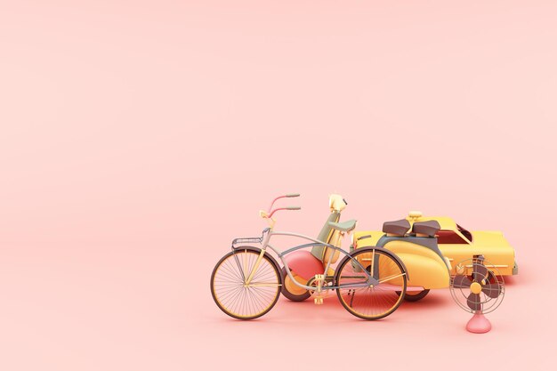 scooter vintage y coche y bicicleta en el concepto de tono rosa renderización 3D