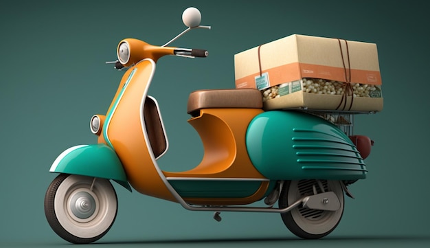 Scooter vintage com caixas de papelão em um fundo verde Generative ai