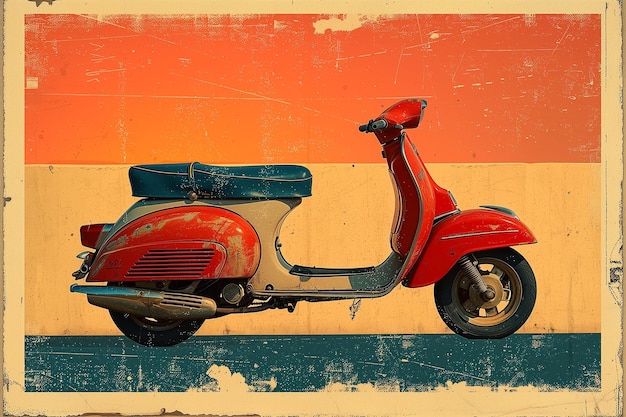 Foto un scooter vintage rojo se destaca contra una pared roja y amarilla a rayas