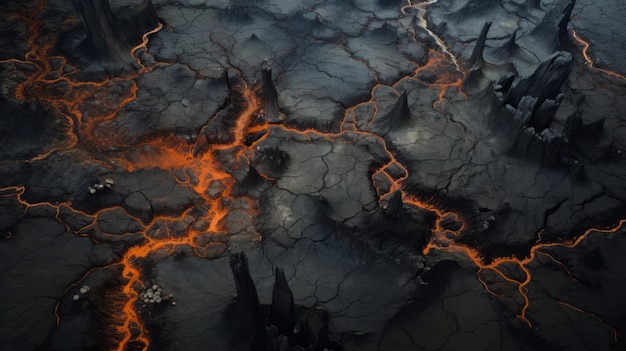 Scorched Rocks Un mundo de fantasía oscura en vista aérea