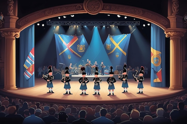 Scottish Pipes CartoonStyle Stage com banda tradicional