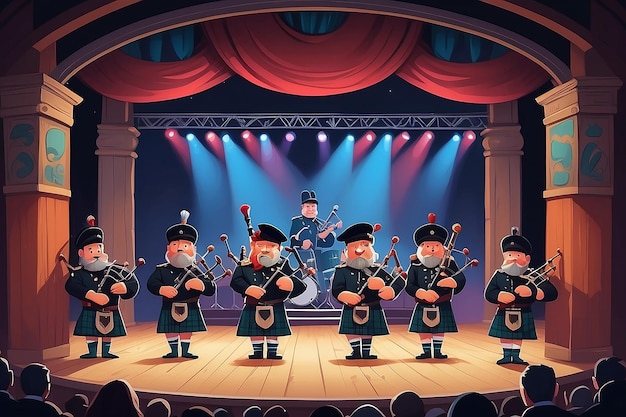 Scottish Pipes CartoonStyle Stage com banda tradicional