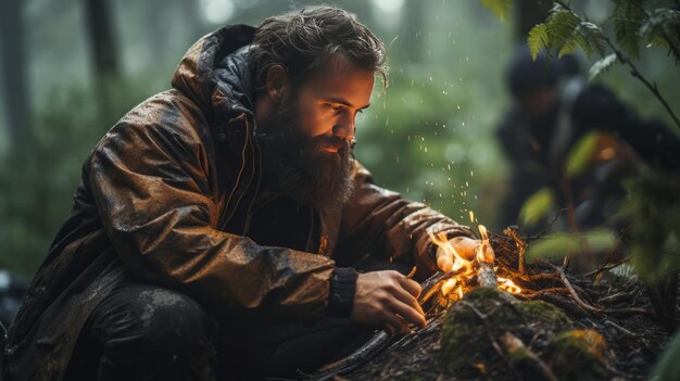 Foto scouting der wilde bärtige survivalist zündet ein waldlagerfeuer in seinem regenmantel inmitten eines bewölkten sommers