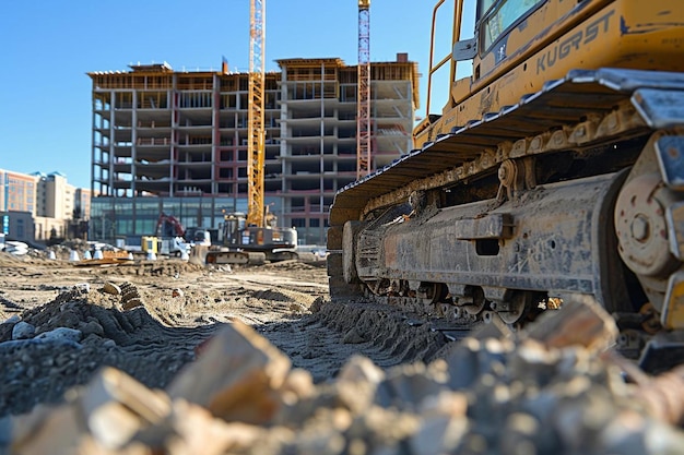 Scraper con una oficina de construcción en el fondo Mejor fotografía de imágenes de Scraper