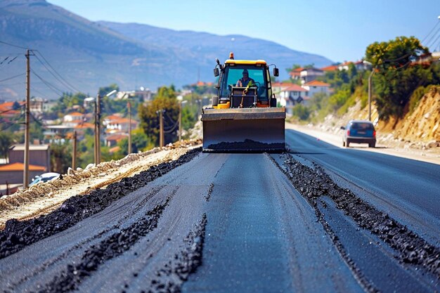 Scraper con vehículos que viajan en una carretera recién construida Mejor fotografía de imágenes de Scraper