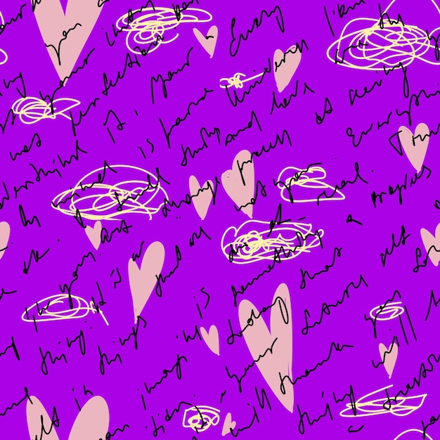 Scribble rosa corazón mano escrito neón violeta patrón Una ilustración digital Textura dibujada a mano