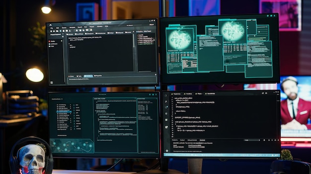 Los scripts de programación mostrados en las pantallas de las computadoras en el escondite vacío utilizado por los cibercriminales