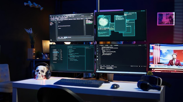 Los scripts de programación mostrados en las pantallas de las computadoras en el escondite vacío utilizado por los cibercriminales