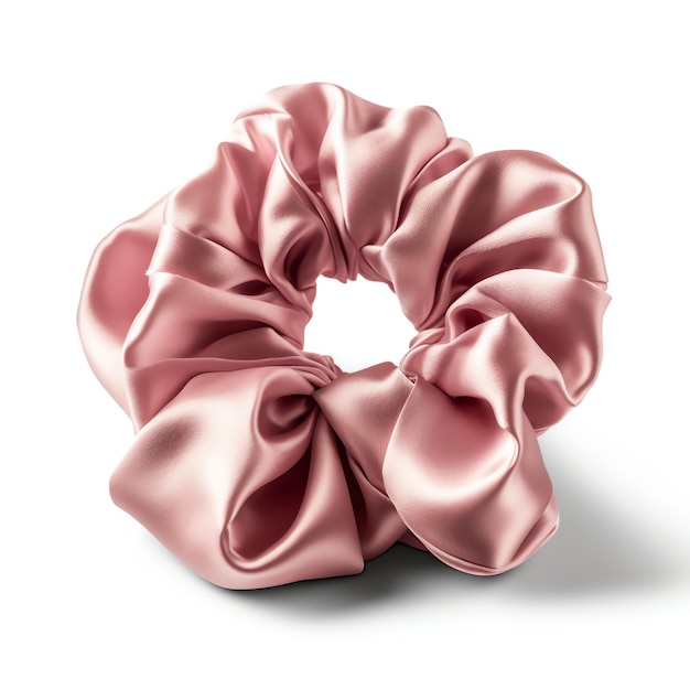 Un scrunchie de pelo rosa satinado objeto blanco aislado
