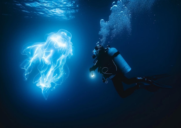 Scuba Diver observando medusas en el agua