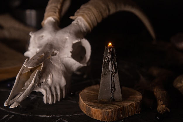 Scull de cabra branca com chifres, livro antigo aberto, velas pretas na mesa da bruxa.