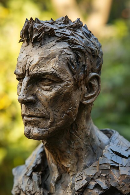 Foto sculpture of a man made of wood in the park