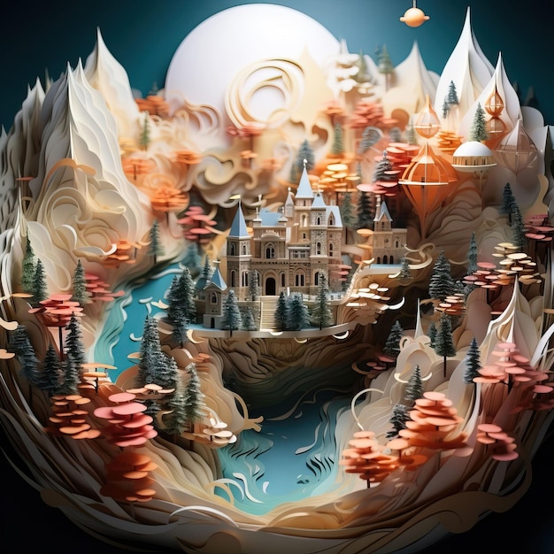 se desdobra em uma escultura de papel 3D com ilhas flutuantes e criaturas mágicas