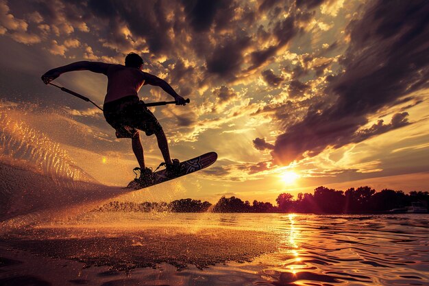 Foto sea testigo de la emoción de la adrenalina como un wakeboarder generativo ai