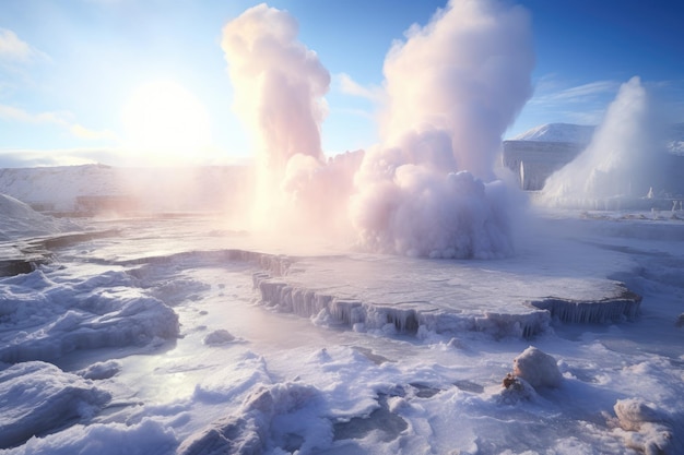 Sea testigo de la impresionante vista de un enorme géiser que expulsa con fuerza agua hacia el cielo. Géiseres humeantes rodeados de nieve esponjosa en un paisaje helado. Generado por IA.