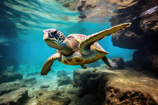 Foto sea testigo de la impresionante vista de una tortuga verde nadando con gracia a través de la vasta extensión del océano.