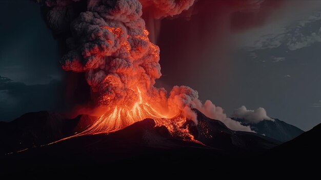 Sea testigo del poder puro de la naturaleza cuando un volcán entra en erupción arrojando lava fundida y nubes de ceniza ondulantes hacia el cielo Generado por IA