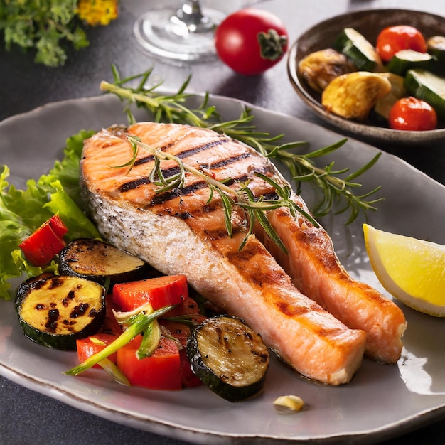 Seafood Sensation Appetizing Grilled Salmon Steak e Vegetais de Jardim Coloridos