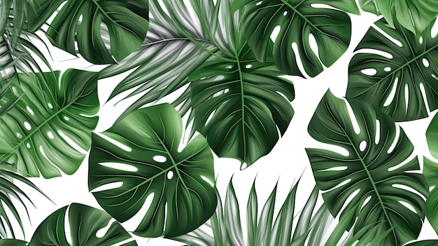 Seamless, Muster, Mit, Monstera, Und, Palmblätter, Weiß, Hintergrund