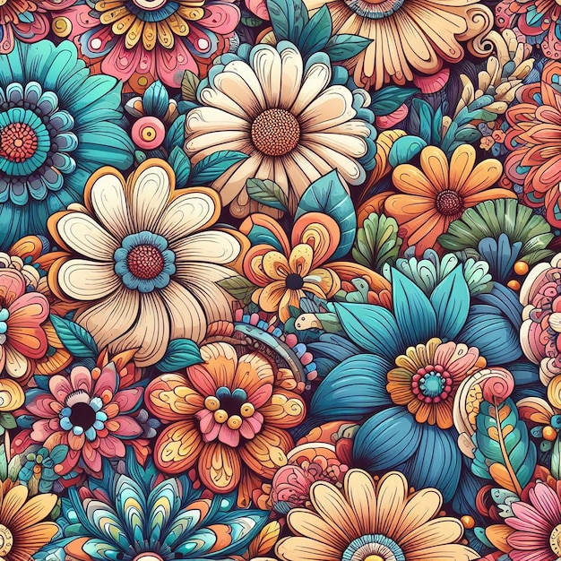 Seamless retro flor criança boêmio paz hippie padrão vetor ilustração emoji papel de parede