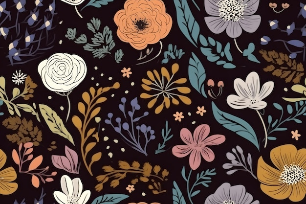 Seamless Sontemporary Spring Floral Pattern Ilustración dibujada a mano Flores sobre fondo negro Decoración papel tapiz textil Diseño escandinavo Ai generativo