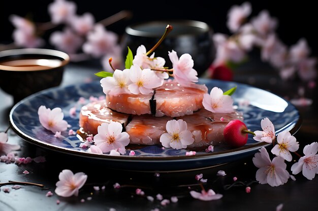 Foto seartson de flor de cerejeira com comida com tema de sakura jartpartnese