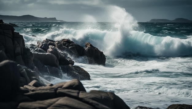 Seascape áspero quebrando ondas na beleza do penhasco rochoso na natureza gerada pela inteligência artificial