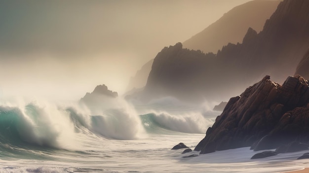 Seascape com ondas batendo contra a costa