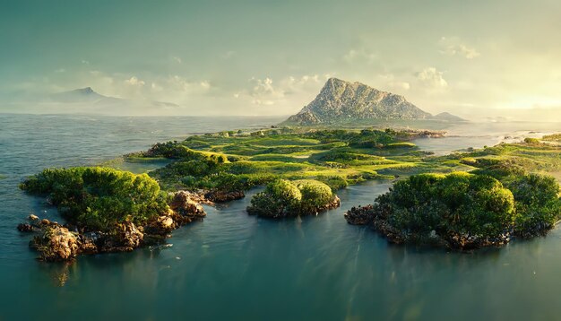 Seascape com uma beira-mar uma ilha com colinas verdes e montanhas na ilustração 3d do horizonte