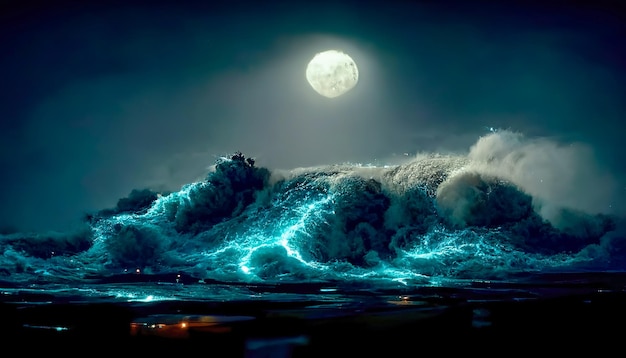 Seascape de fantasia noturna com belas ondas e espuma Visão noturna do oceano Espuma de néon nas ondas de água Reflexão na água do céu estrelado ilustração 3D