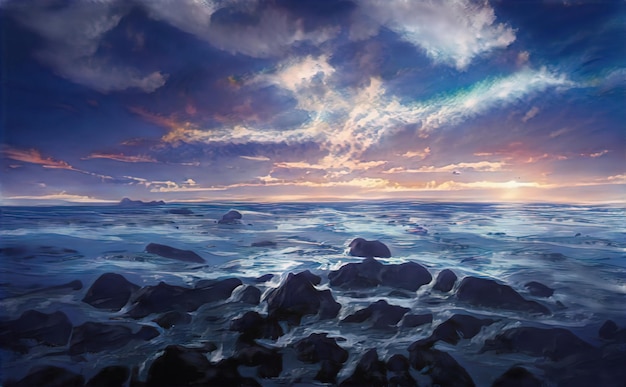 Seascape de ondas e litoral Belo mar e nuvens ao amanhecer vasta extensão de água Extensões infinitas o respingo de ondas cintilantes ilustração