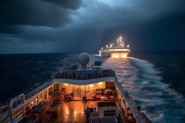 Seascape dramático com um navio de cruzeiro durante a tempestade Generative AI