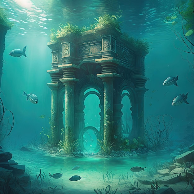 Seascape subaquático de fantasia com cidade perdida Generative AI